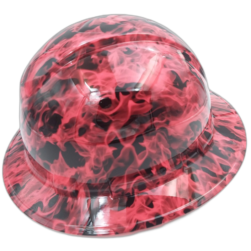 Hi-Vis Pink Flames on Black hard hat left side view