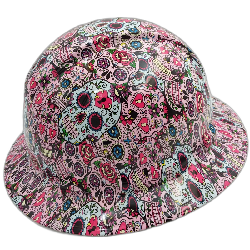 Colorful Sugar Skulls & Roses hard hat left side view