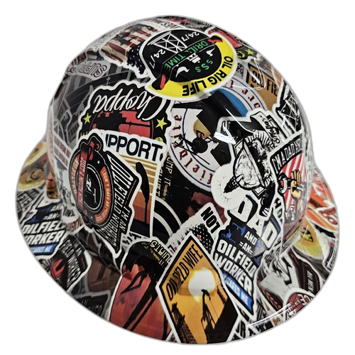 Oil Field Extreme Sticker Bomb Custom Hydro Dipped Full Brim Hard Hat - Left Side View