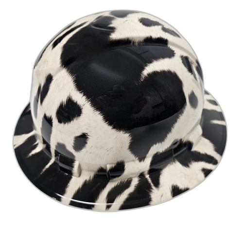 Black And White Cow Hide Custom Hydro Dipped Full Brim Hard Hat - Left Side View