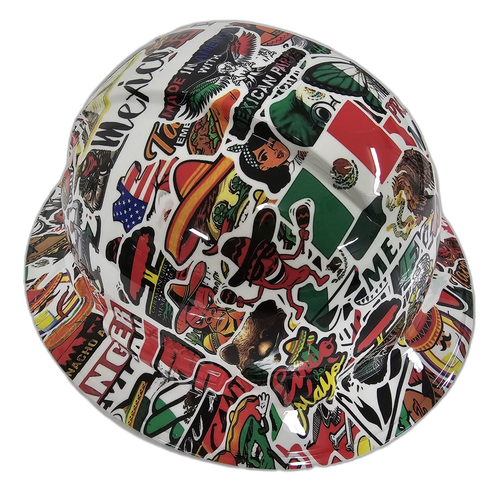 Mexican Sticker Bomb Cinco De Mayo Custom Hydro Dipped Full Brim Hard Hat - Left Side View