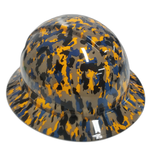 Orange Black And Blue Digital Camo Custom Hydro Dipped Full Brim Hard Hat - Left Side View