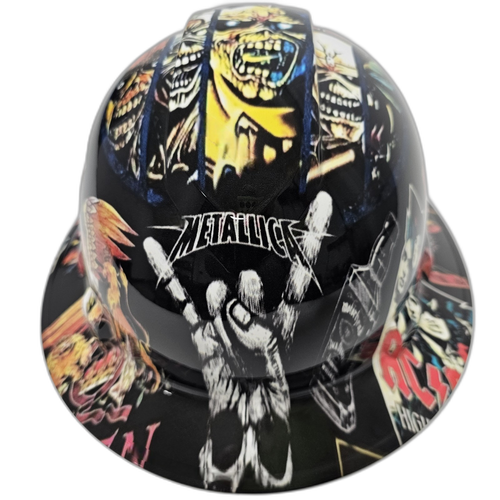 Heavy Metal Sticker Bomb Custom Hydro Dipped Full Brim Hard Hat - Left Side View