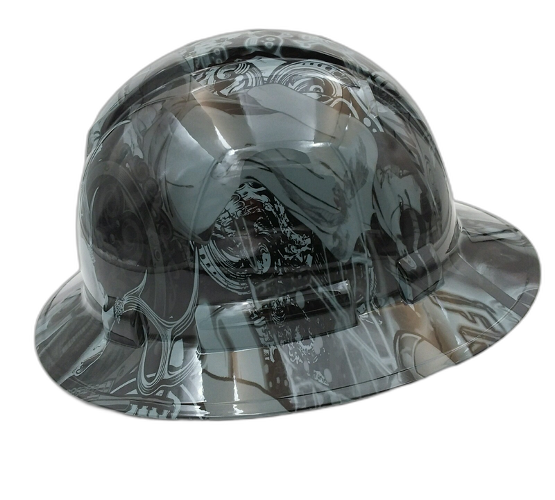 Grey Biker Skull Pin-Up Art hard hat left side view