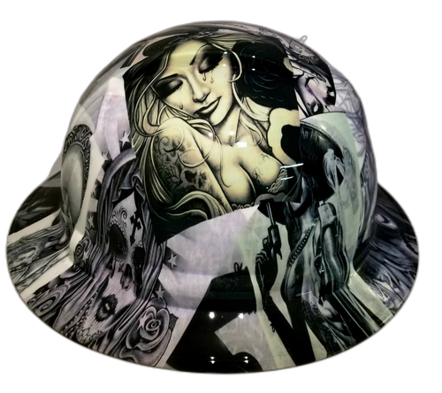 Chicano Girls Lowrider Art Custom Hydro Dipped Full Brim Hard Hat - Left Side View