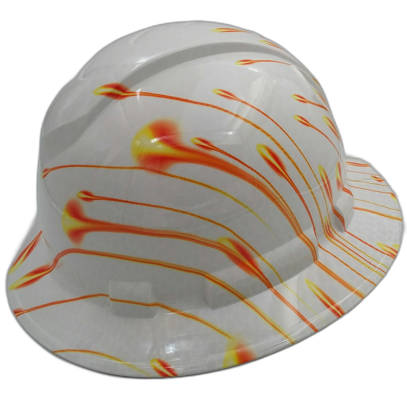 Orange Flame Wisps on White hard hat left side view