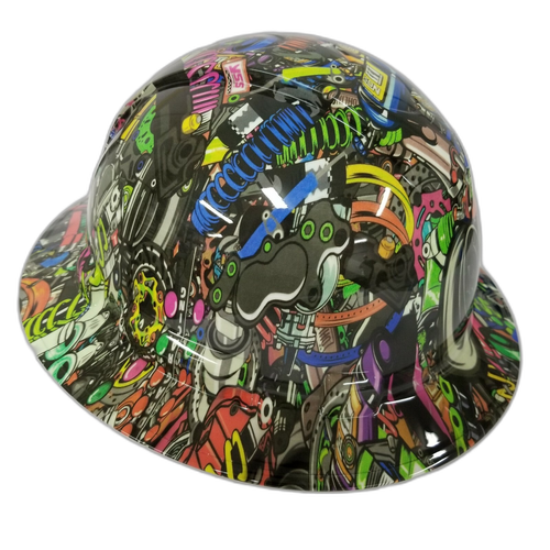 Tuner Sticker Bomb Turbo Nos Custom Hydro Dipped Full Brim Hard Hat - Left Side View