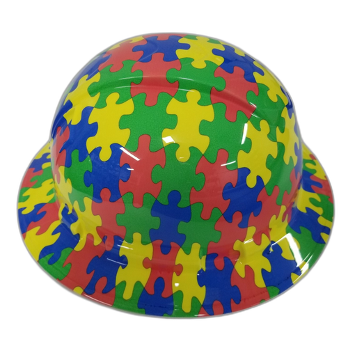 Autism Awareness Puzzle Pieces Custom Hydro Dipped Full Brim Hard Hat - Left Side View