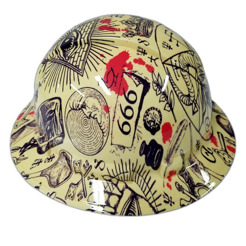 Alchemy Occult Wiccan Pentagram Custom Hydro Dipped Full Brim Hard Hat - Left Side View