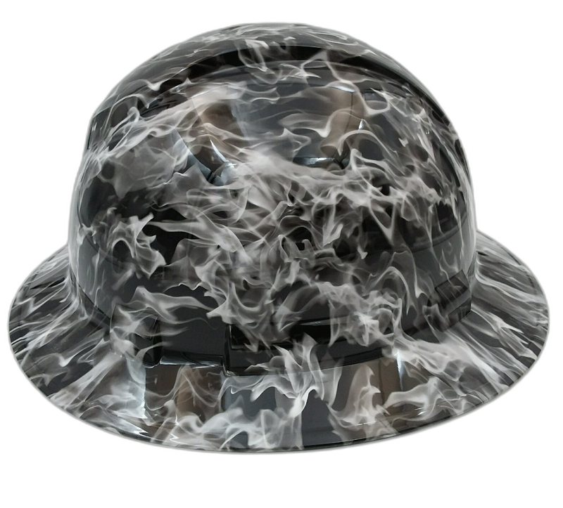 White Ghost Flames on Black hard hat left side view