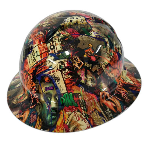 Pop Art Davinci Sticker Bomb Custom Hydro Dipped Full Brim Hard Hat - Left Side View