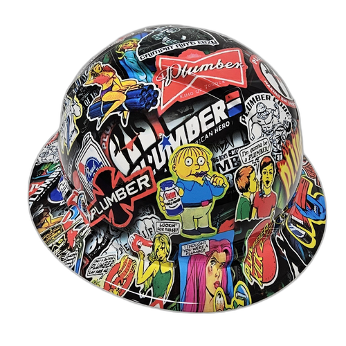 Plumbers Sticker Bomb Custom Hydro Dipped Full Brim Hard Hat - Left Side View