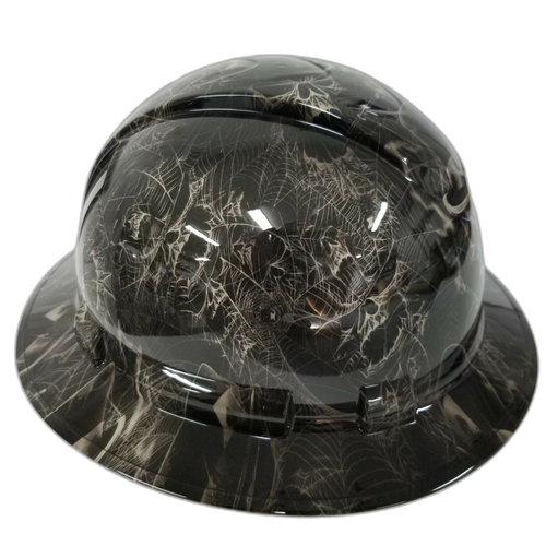 Top Hat Spider Web Skulls Custom Hydro Dipped Full Brim Hard Hat - Left Side View