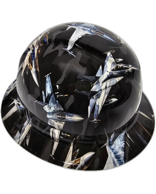 Urban Camo Fighter Jets Custom Hydro Dipped Full Brim Hard Hat - Left Side View