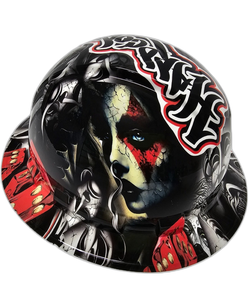 Laugh Now Cry Later Hardcore American Custom Hydro Dipped Full Brim Hard Hat - Left Side View