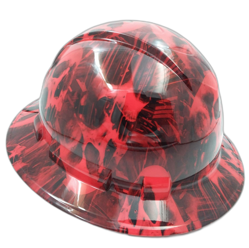 Red Melting Skull Evil Custom Hydro Dipped Full Brim Hard Hat - Left Side View