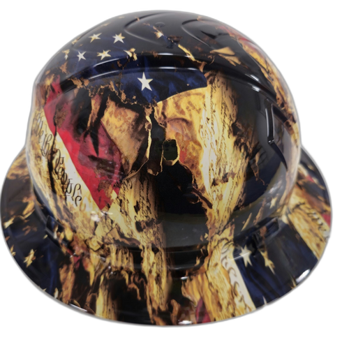Battle Worn Tattered And Torn USA Flag Custom Hydro Dipped Full Brim Hard Hat - Left Side View