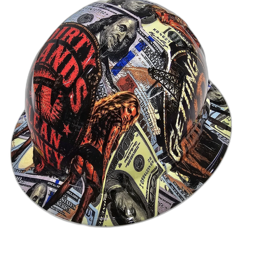 Oilfield Dirty Hands Clean Money custom hydro dipped hard hat - left side