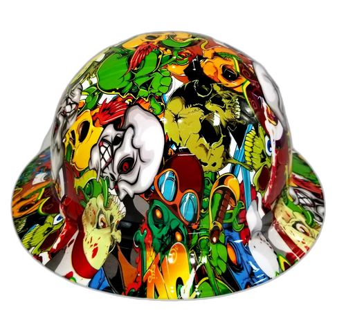Skull Sticker Bomb Custom Hydro Dipped Full Brim Hard Hat - Left Side View