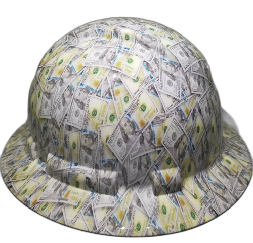 Big Face Hundred Dollar Bills Custom Hydro Dipped Full Brim Hard Hat - Left Side View
