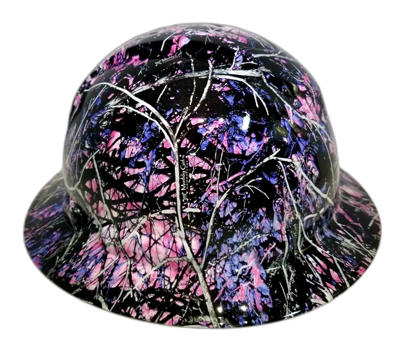 Pink Purple Woodland Camo hard hat left side view