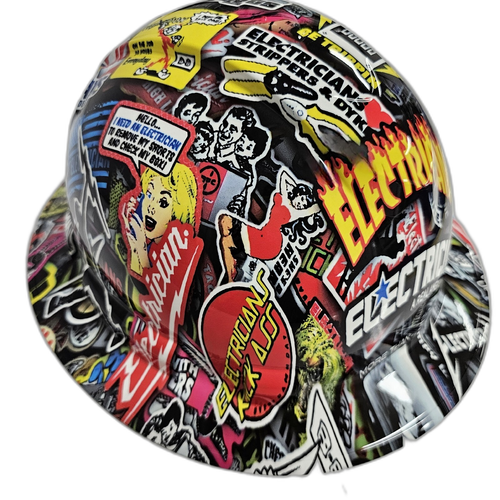 Electrician Extreme Sticker Bomb Custom Hydro Dipped Full Brim Hard Hat - Left Side View