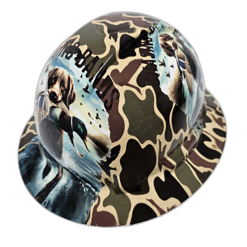 Drake Duck Hunter Chasing Bands Custom Hydro Dipped Full Brim Hard Hat - Left Side View