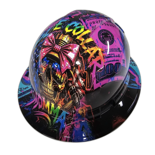 Blue Collar Momma custom hydro dipped hard hat - left side