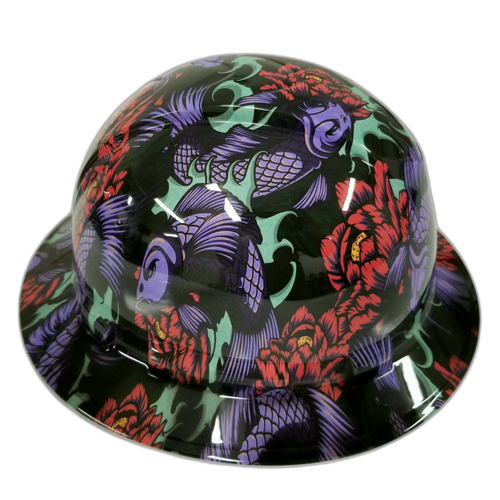 Japanese Koi Fish Tattoo Art Custom Hydro Dipped Full Brim Hard Hat - Left Side View