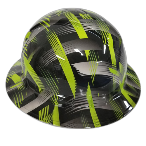 Lime Abstract Urban Camo Custom Hydro Dipped Full Brim Hard Hat - Left Side View