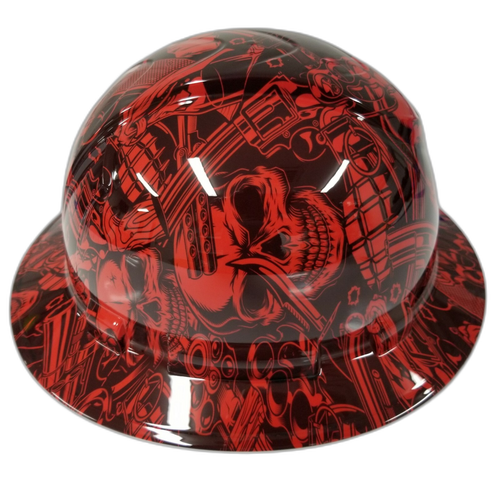 Old School Skulls And Mayhem Red Custom Hydro Dipped Full Brim Hard Hat - Left Side View