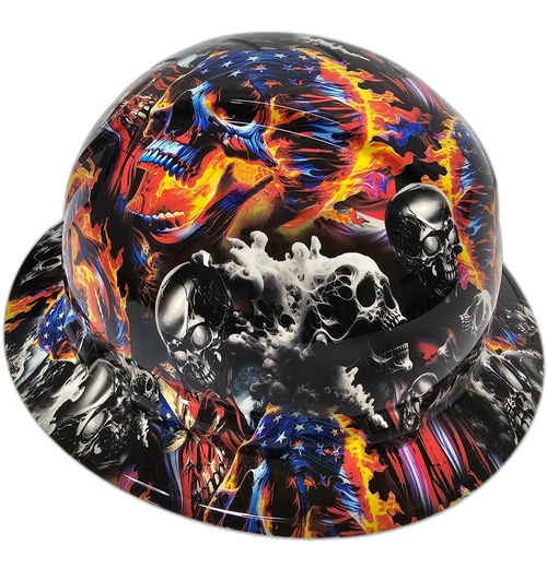 American Flaming Skulls Till Death Custom Hydro Dipped Full Brim Hard Hat - Left Side View