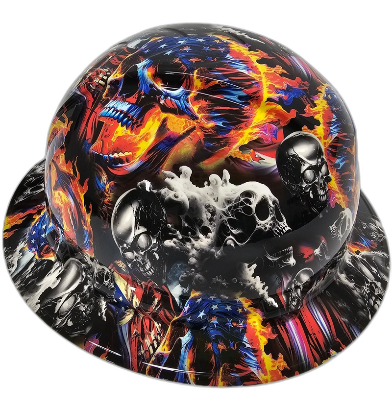 American Flag Flaming Skulls hard hat left side view