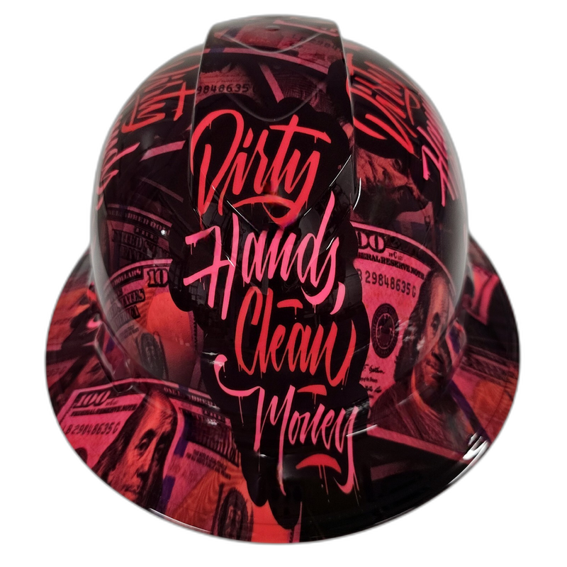 Pink Dirty Hands Clean Money hard hat left side view