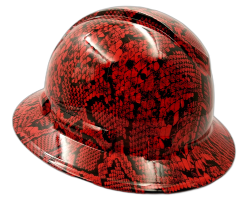 Red Snakeskin extreme snake Custom Hydro Dipped Full Brim Hard Hat - Left Side View