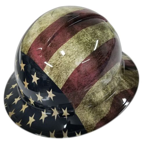 Old Glory USA Flag Grunge American Fla Custom Hydro Dipped Full Brim Hard Hat - Left Side View