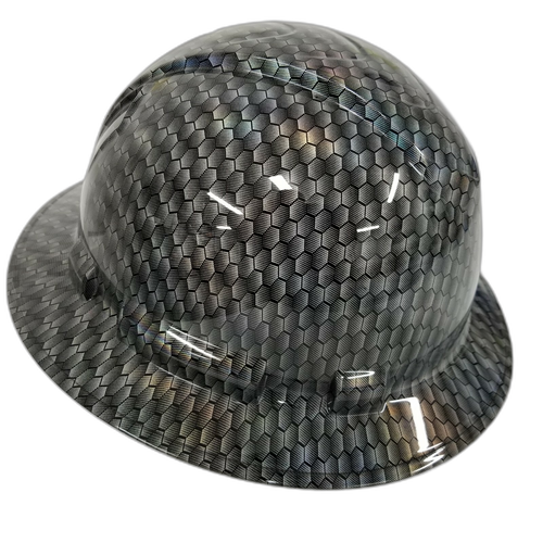 Black metal holographic hex weave Custom Hydro Dipped Full Brim Hard Hat - Left Side View