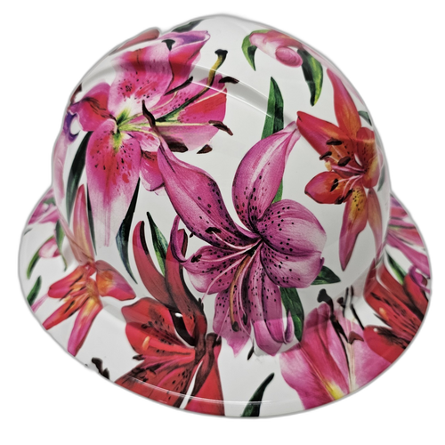 Stargazer Lillies Flowers Custom Hydro Dipped Full Brim Hard Hat - Left Side View
