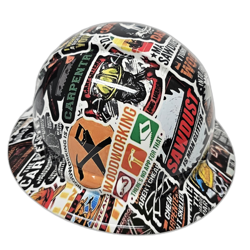 Carpenter Sticker Bomb Man Glitter Custom Hydro Dipped Full Brim Hard Hat - Left Side View