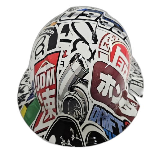 JDM Sticker Bomb Import Drift Missile Custom Hydro Dipped Full Brim Hard Hat - Left Side View