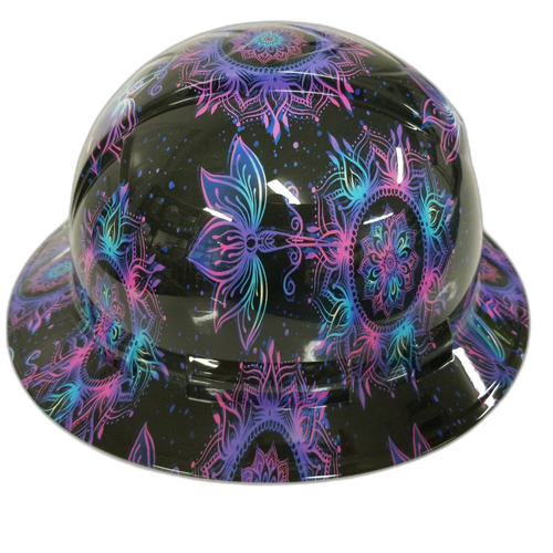 Lotus Flower Neon Color Custom Hydro Dipped Full Brim Hard Hat - Left Side View