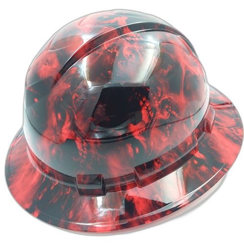 Red Hades Evil Skull Custom Hydro Dipped Full Brim Hard Hat - Left Side View
