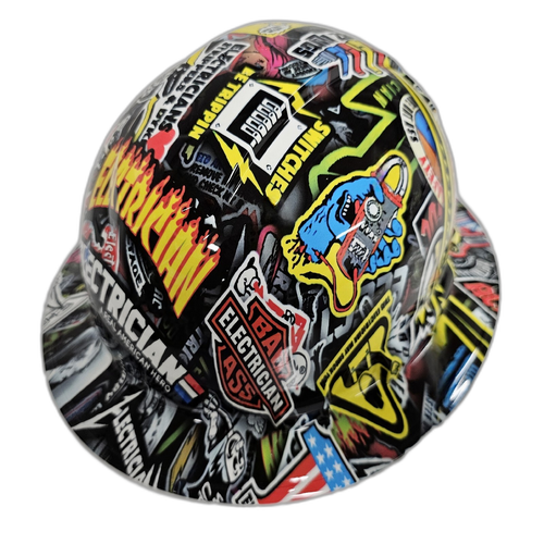 Electrician Extreme Sticker Bomb Custom Hydro Dipped Full Brim Hard Hat - Right Side View