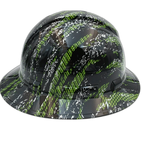 Green Carbon Urban Camo Black Custom Hydro Dipped Full Brim Hard Hat - Right Side View