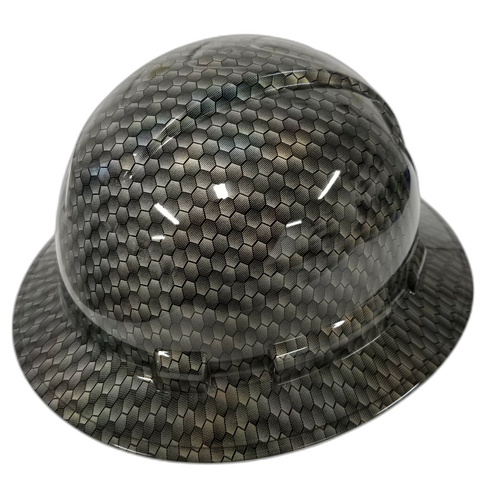 Black metal holographic hex weave Custom Hydro Dipped Full Brim Hard Hat - Right Side View