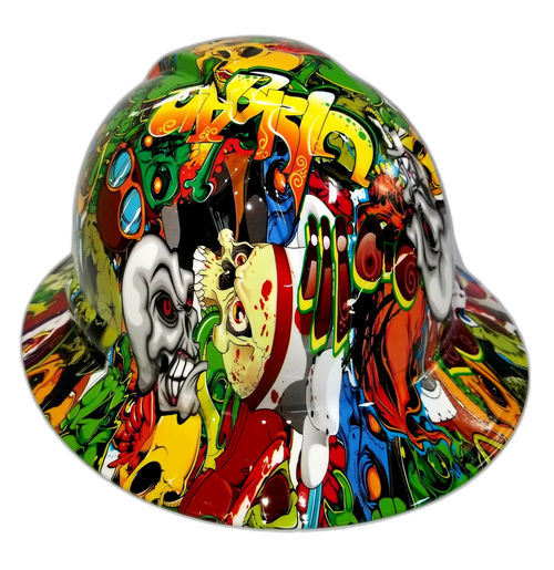 Skull Sticker Bomb Custom Hydro Dipped Full Brim Hard Hat - Right Side View