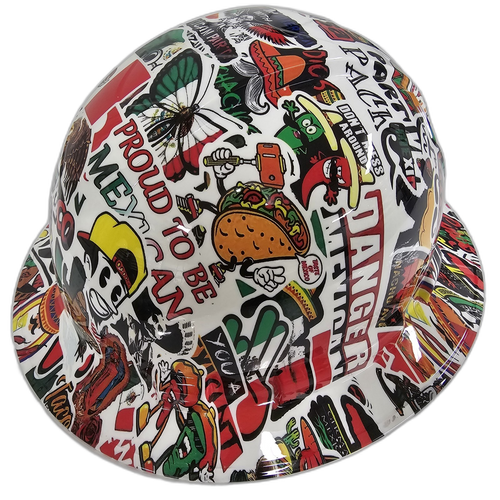 Mexican Sticker Bomb Cinco De Mayo Custom Hydro Dipped Full Brim Hard Hat - Right Side View