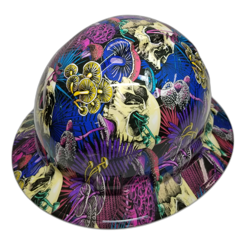 Have A Nice Trip Mushrooms Skulls Custom Hydro Dipped Full Brim Hard Hat - Right Side View
