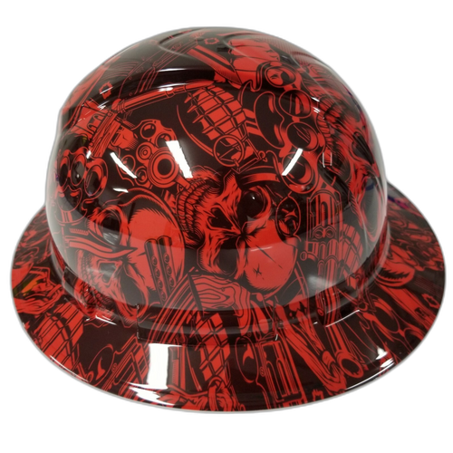 Old School Skulls And Mayhem Red Custom Hydro Dipped Full Brim Hard Hat - Right Side View