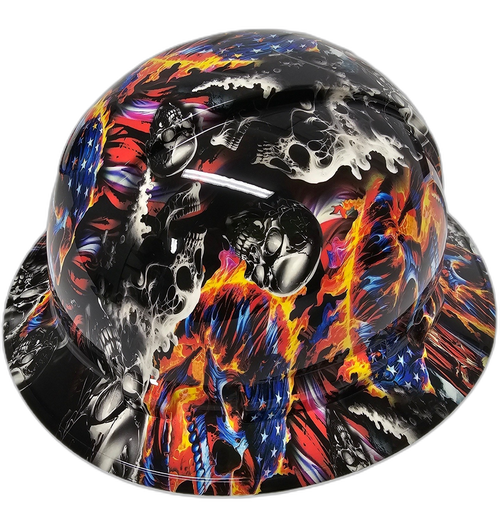 American Flaming Skulls Till Death Custom Hydro Dipped Full Brim Hard Hat - Right Side View